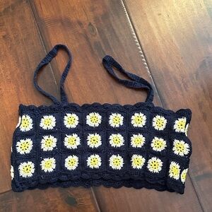 BP Navy Crochet Top with Floral Accents